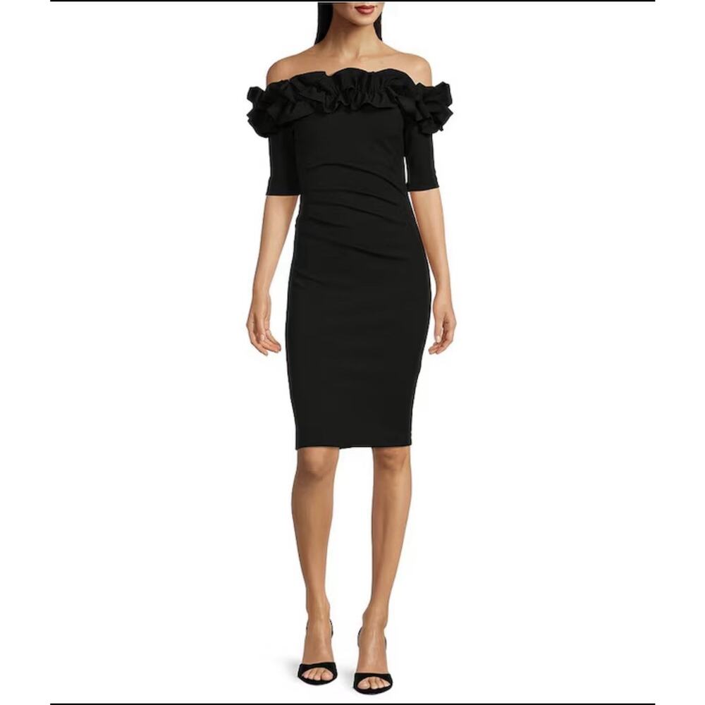 Xscape Off-the-Shoulder Ruffle Neck Scuba Dress Sz 16 Short Sleeve Stretch Black